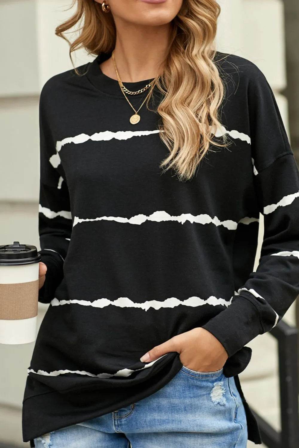 Slit Contrast Striped Round Neck Long Sleeve T-Shirt - Bona Fide Fashion