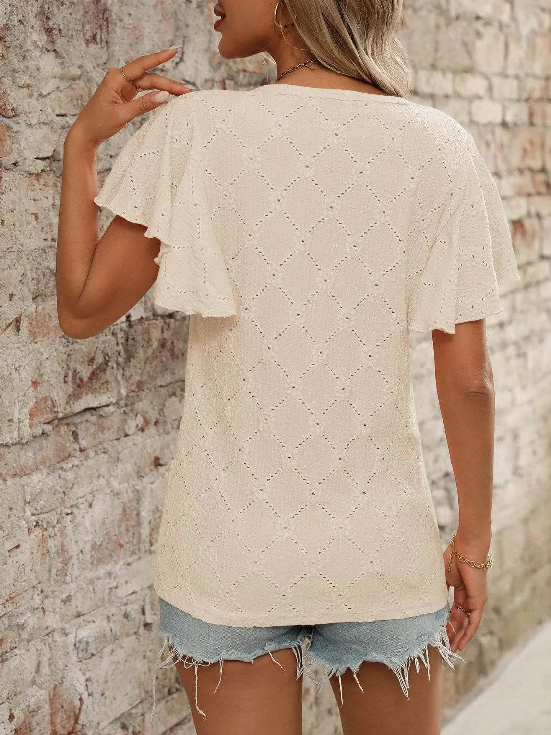 Eyelet Round Neck Flutter Sleeve Top - Bona Fide Fashion