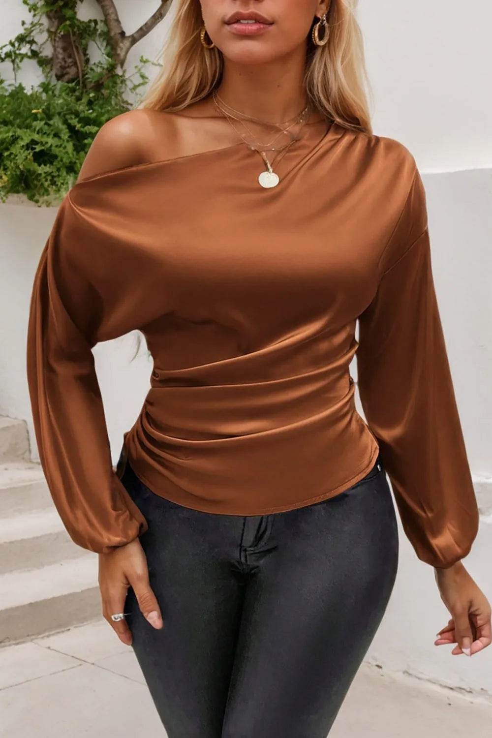 Drawstring One Shoulder Long Sleeve Blouse - Bona Fide Fashion