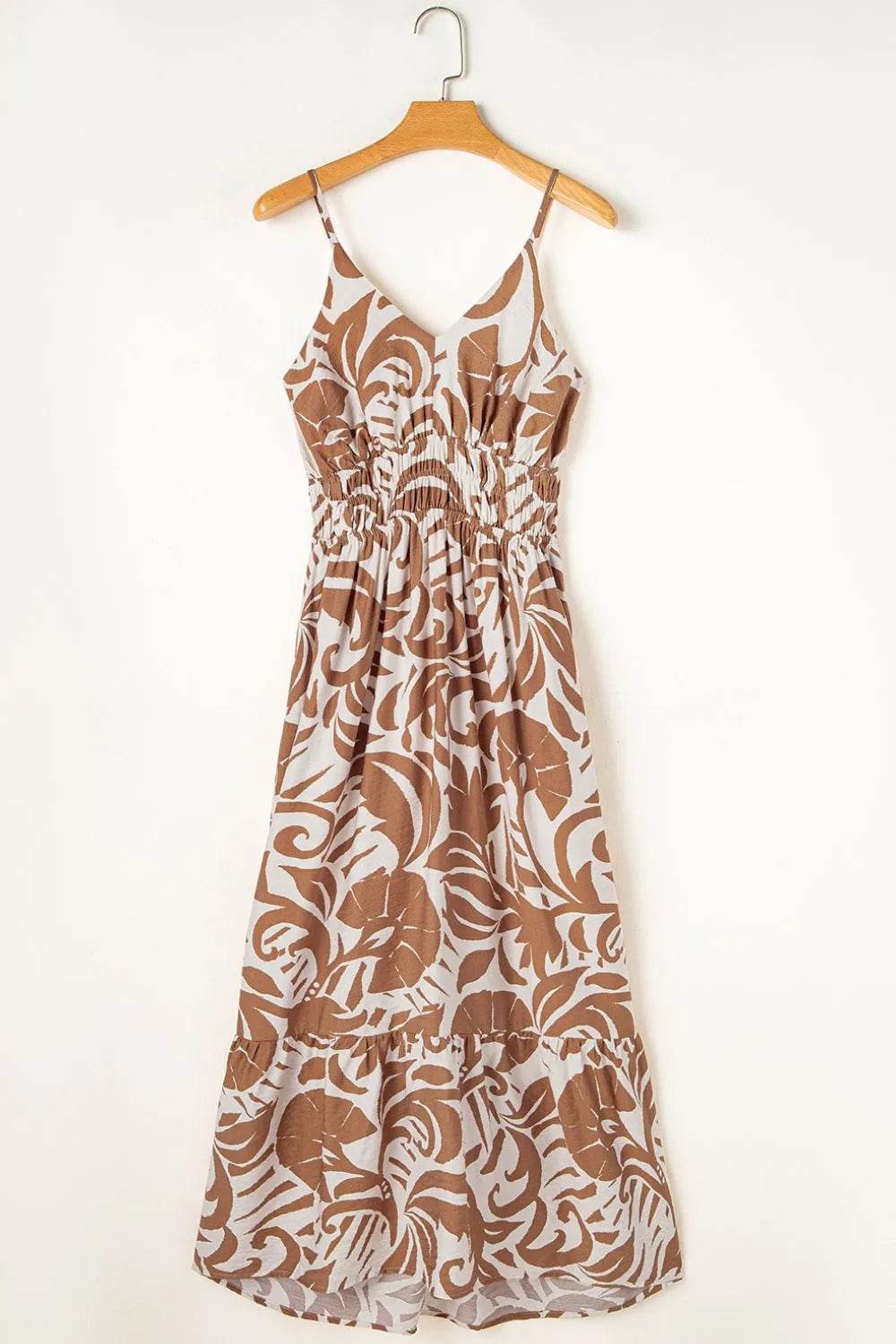 Floral Shirred High Waist Spaghetti Straps Dress - Bona Fide Fashion
