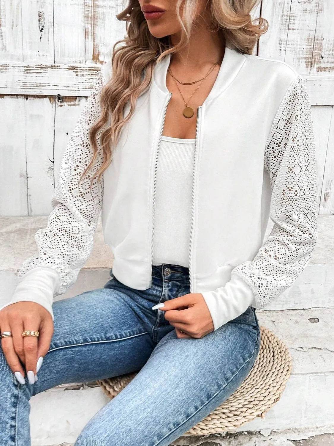 Baseball Collar Lace Patchwork Long Sleeve Jacket - Bona Fide Fashion