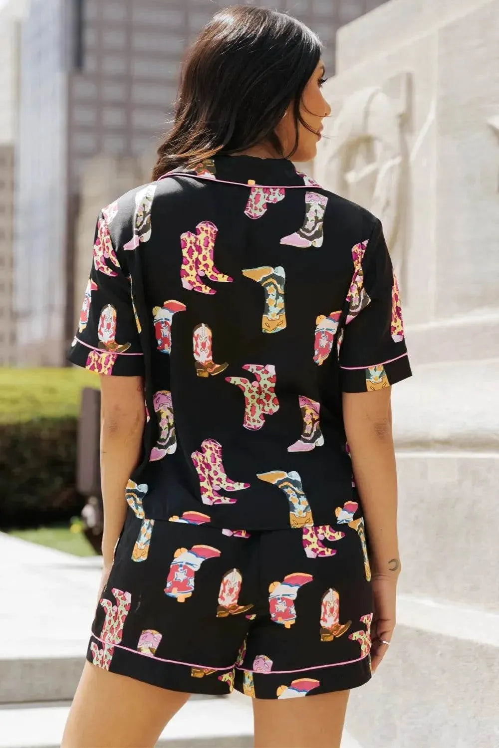 Printed Button Up Short Sleeve and Shorts Lounge Set - Bona Fide Fashion