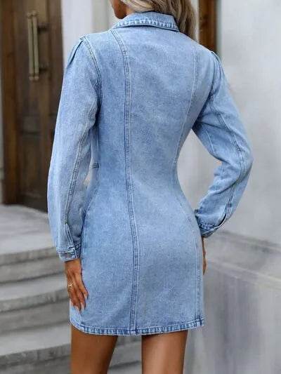 Collared Neck Button Up Denim Dress - Bona Fide Fashion