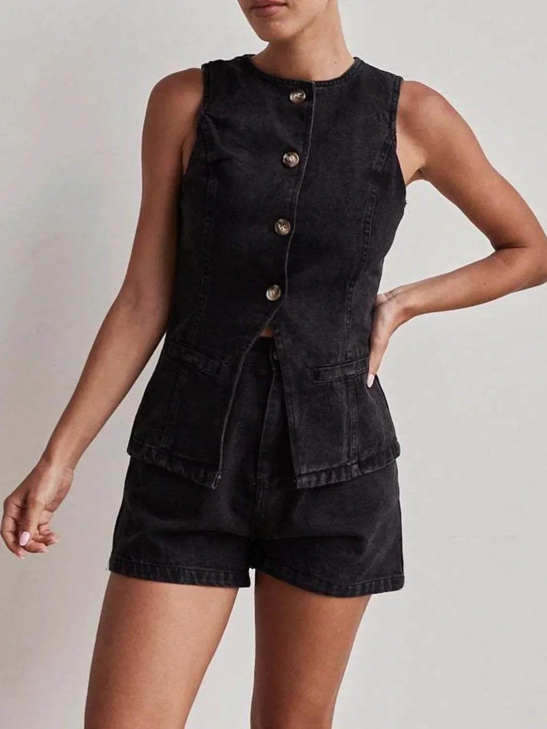 Button Down Vest and Shorts Denim Set - Bona Fide Fashion