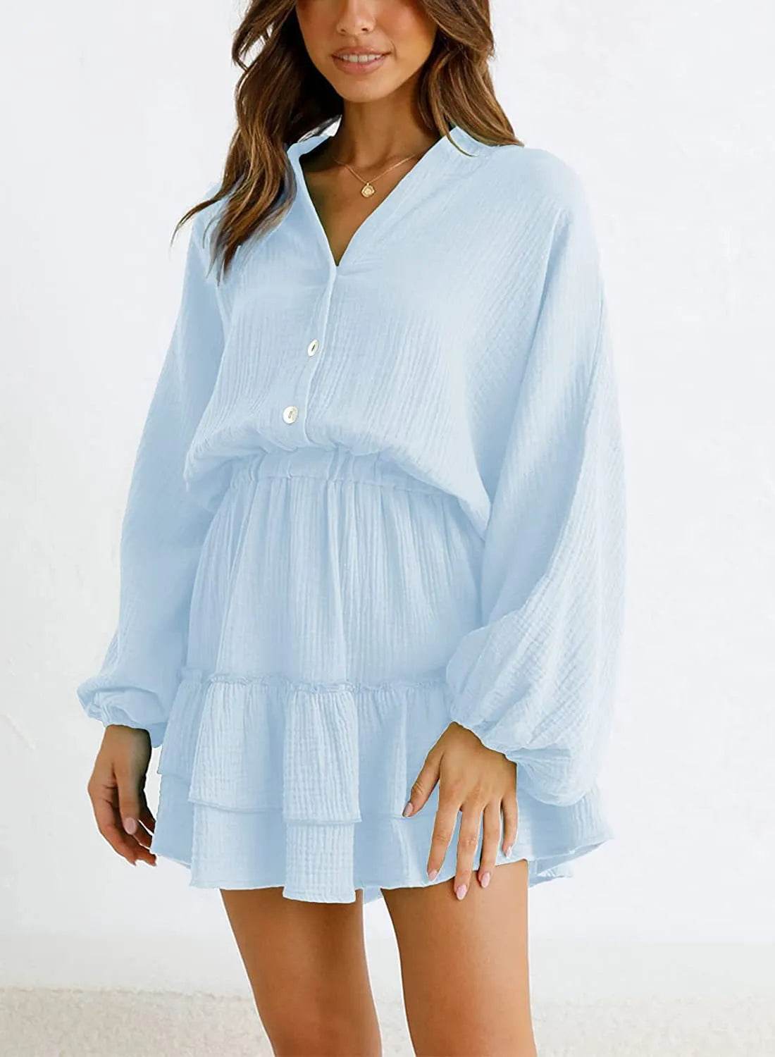 Ruffled Notched Balloon Sleeve Mini Dress - Bona Fide Fashion