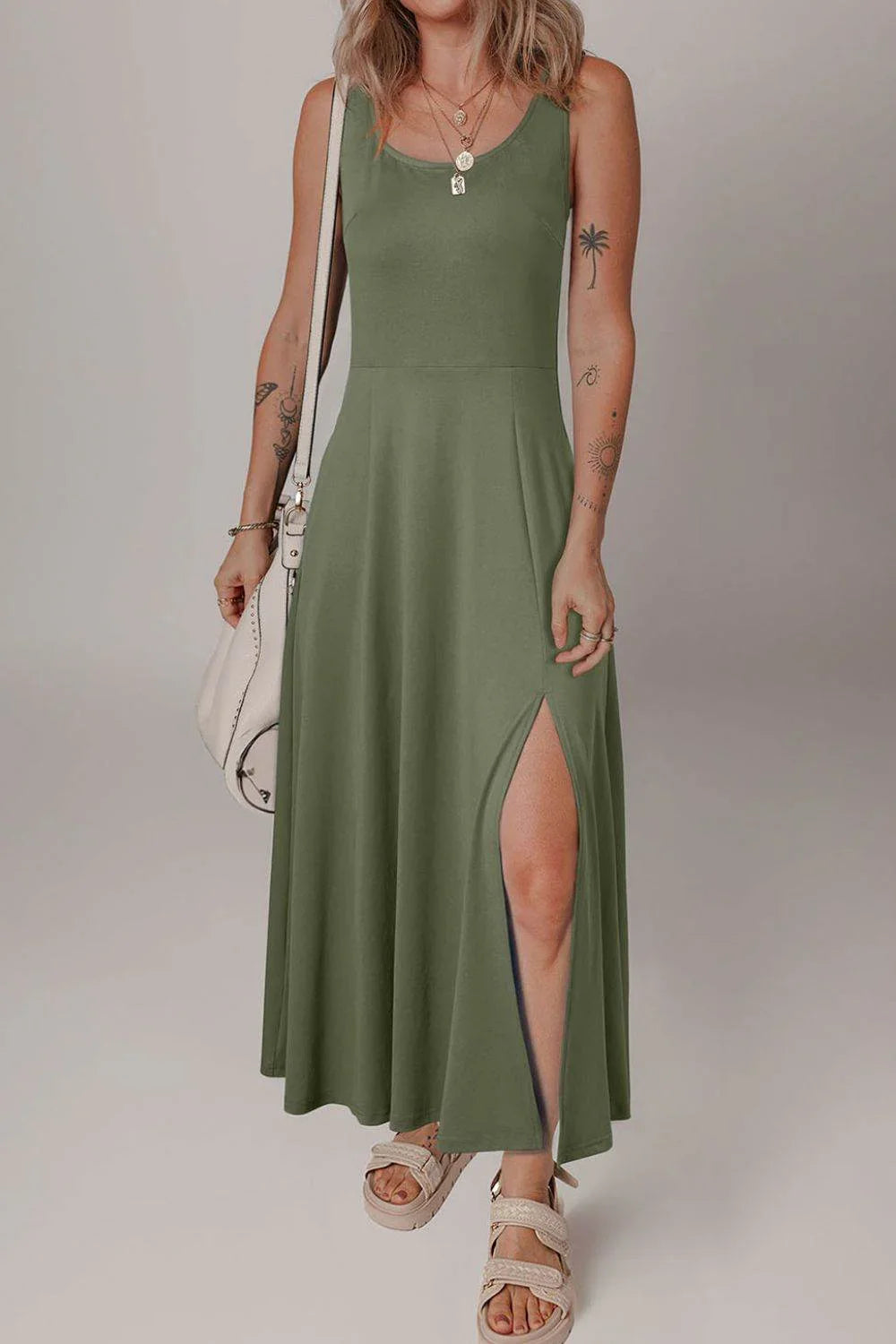 Side Slit Scoop Neck Wide Strap Dress - Bona Fide Fashion