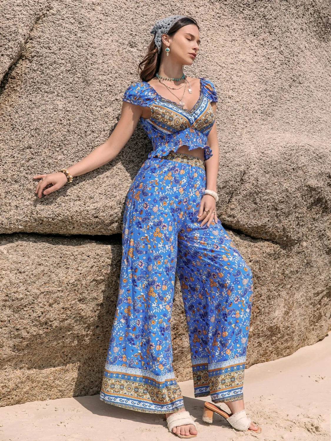 Printed V-Neck Top and Pants Set - Bona Fide Fashion