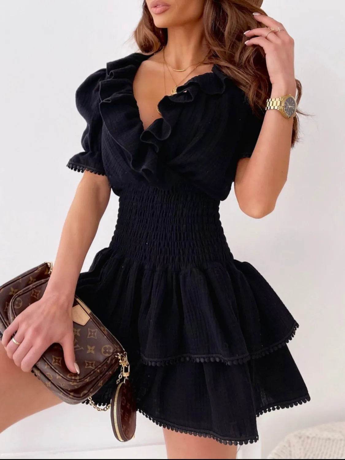Ruffled Smocked Layered Mini Dress - Bona Fide Fashion