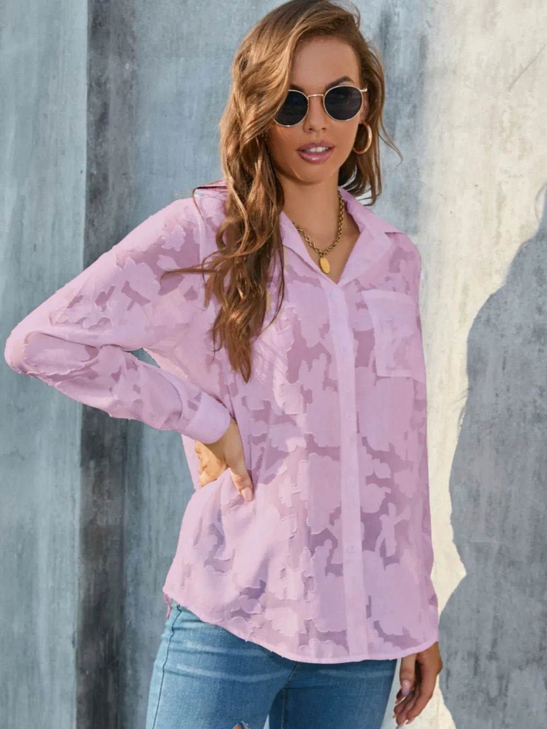 Full Size Collared Neck Long Sleeve Shirt Plus Size - Bona Fide Fashion