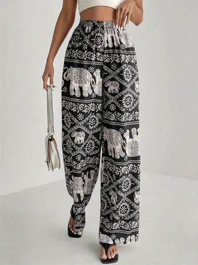 Printed Wide Leg Elastic Waist Pants - Bona Fide Fashion