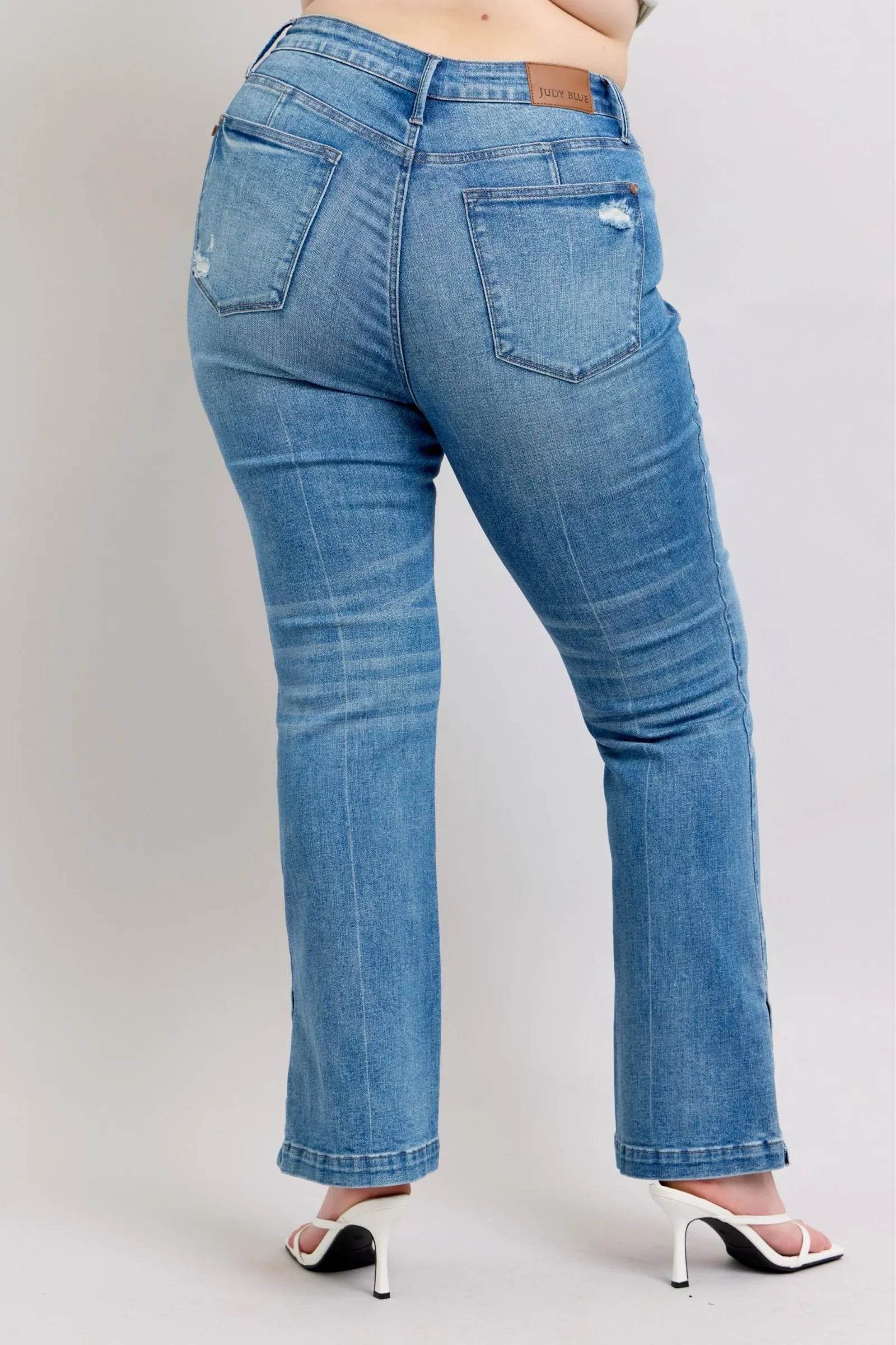 Judy Blue HW Tummy Control Vintage Wash Side Slit Slim Boot Jeans - Bona Fide Fashion
