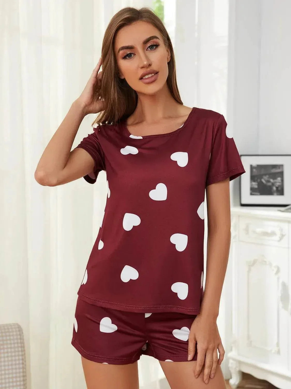 Heart Round Neck and Shorts Lounge Set - Bona Fide Fashion