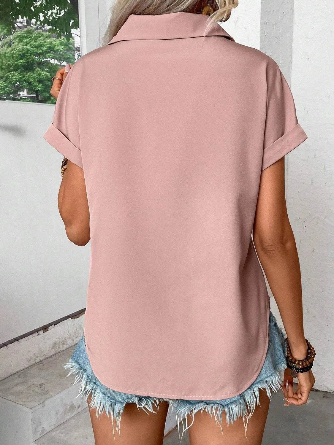 Pleated Detail Collared Neck Short Sleeve Shirt - Bona Fide Fashion