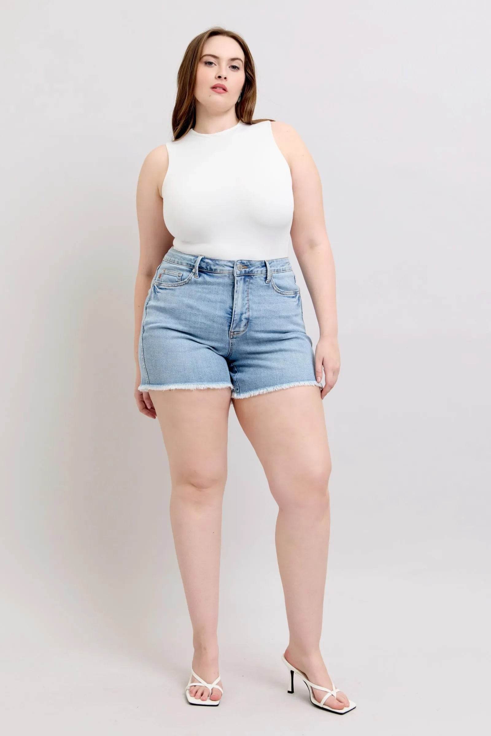 Judy Blue Full Size Tummy Control Raw Hem Denim Shorts Plus Size - Bona Fide Fashion