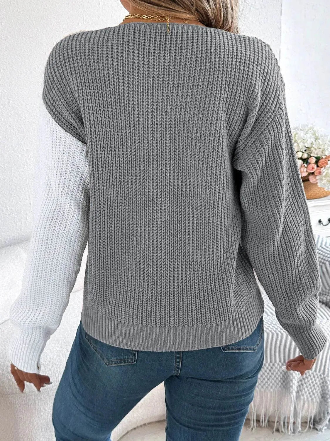 Two-Tone V-Neck Long Sleeve Sweater - Bona Fide Fashion