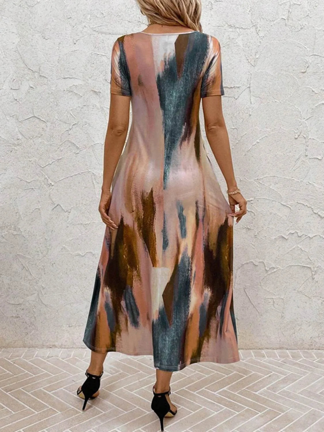 Tie-Dye V-Neck Short Sleeve Midi Tee Dress - Bona Fide Fashion