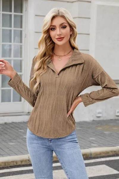 Texture Collared Neck Long Sleeve Blouse - Bona Fide Fashion