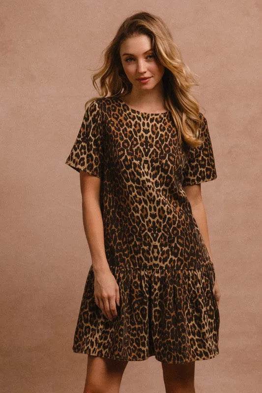 BiBi Tie Back Leopard Round Neck Short Sleeve Dress - Bona Fide Fashion