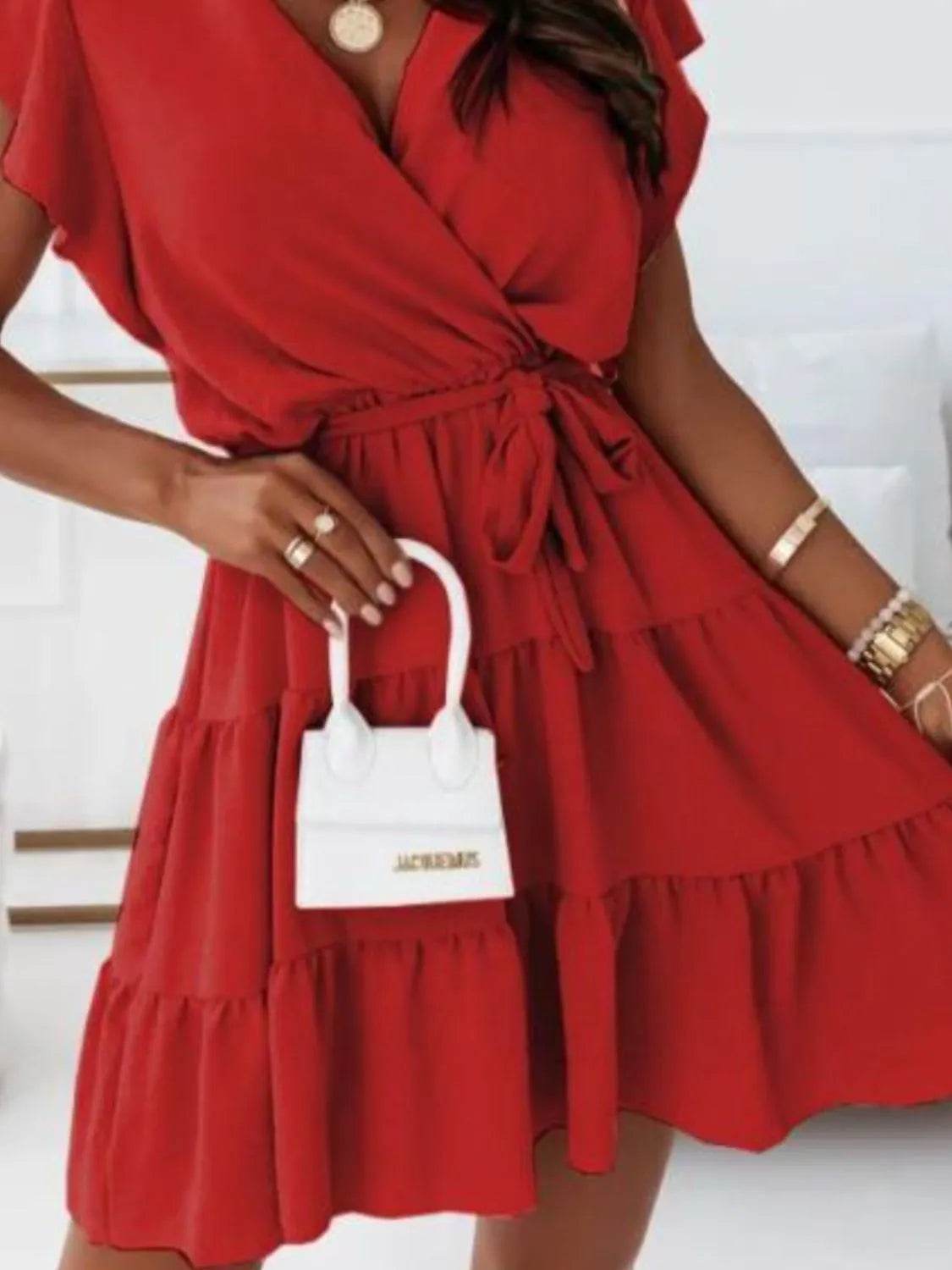 Ruffled Surplice Cap Sleeve Mini Dress - Bona Fide Fashion