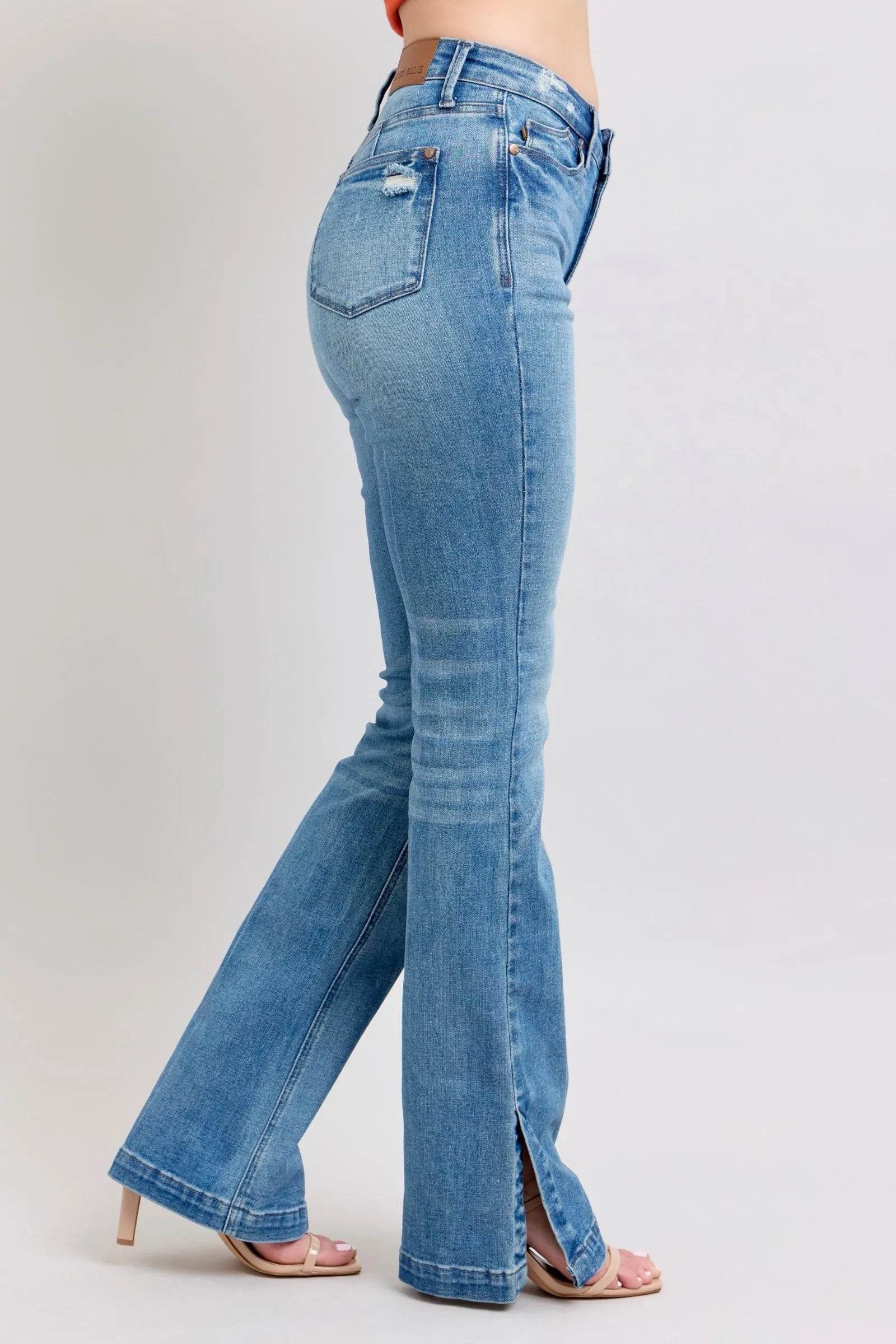 Judy Blue HW Tummy Control Vintage Wash Side Slit Slim Boot Jeans - Bona Fide Fashion