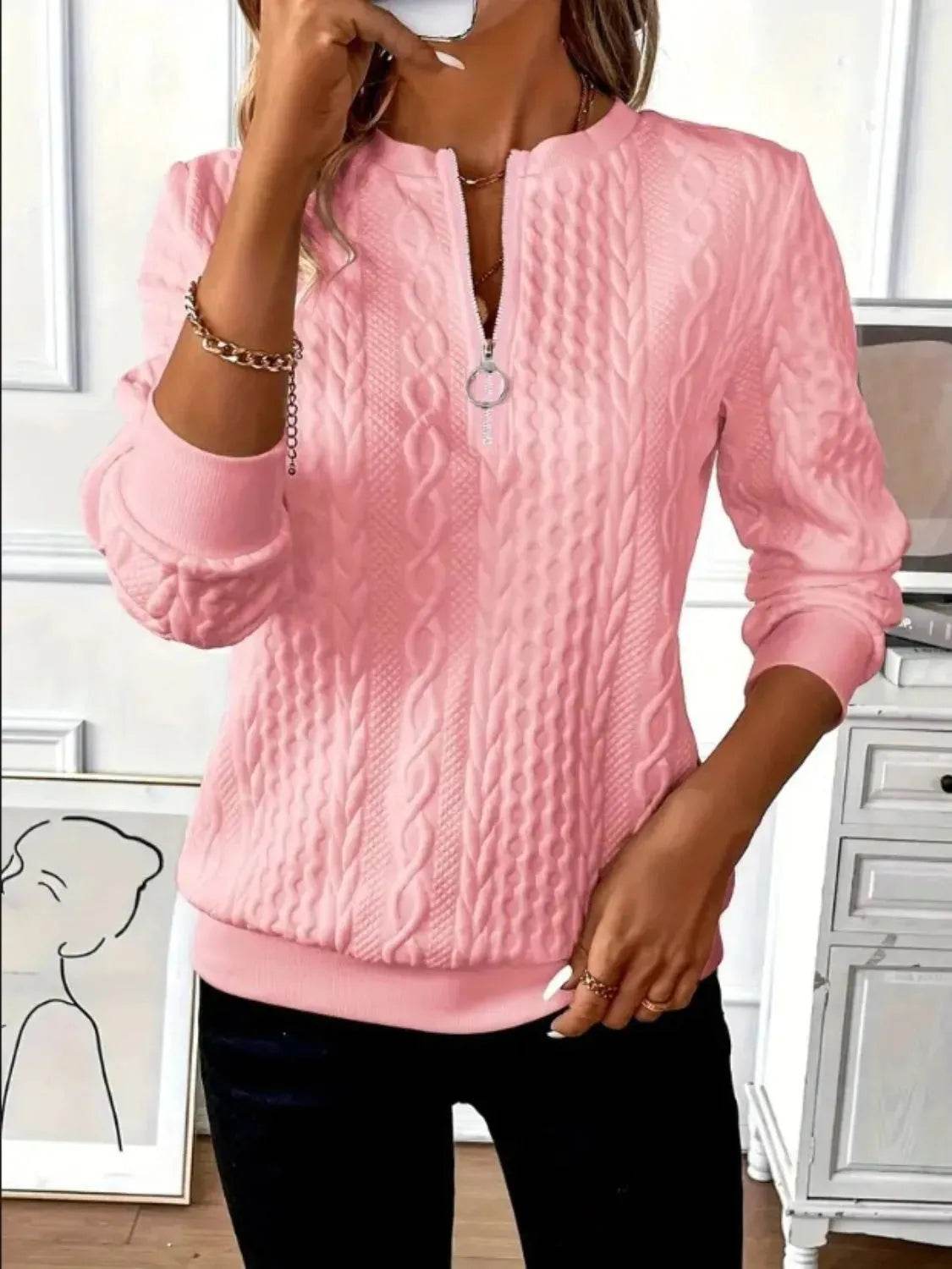 Texture Half Zip Long Sleeve Sweatshirt - Bona Fide Fashion