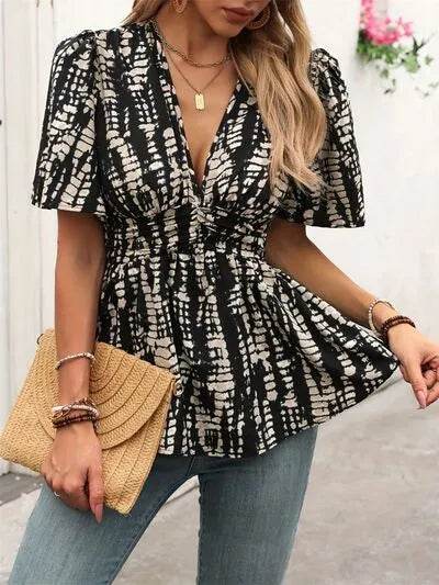 Printed V-Neck Half Sleeve Blouse - Bona Fide Fashion