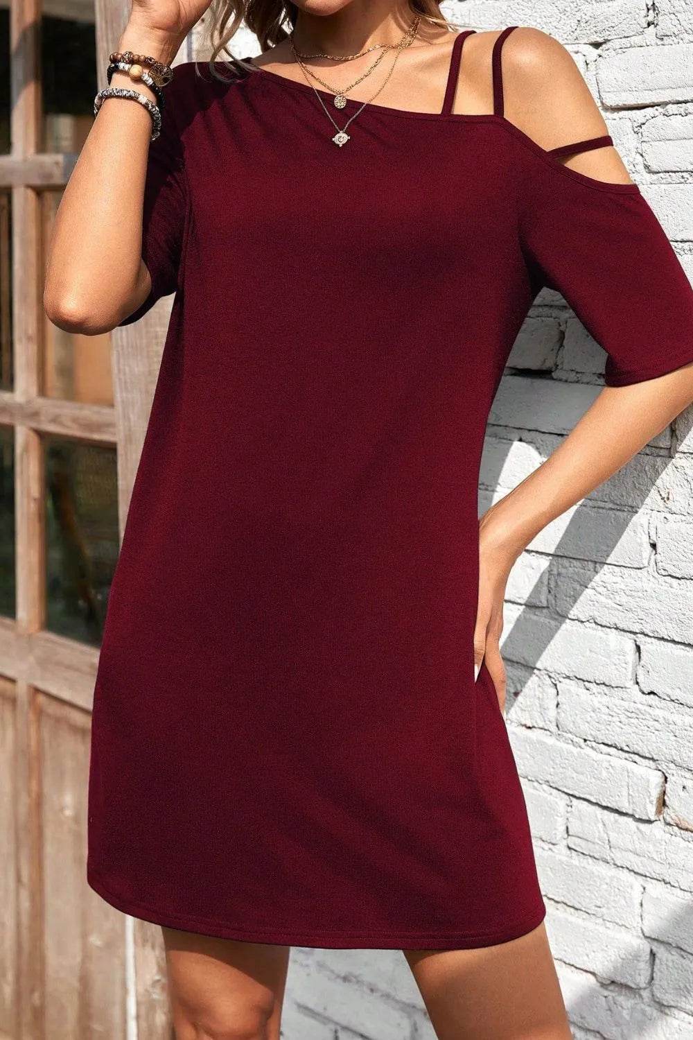 Asymmetrical Neck Half Sleeve Mini Dress - Bona Fide Fashion