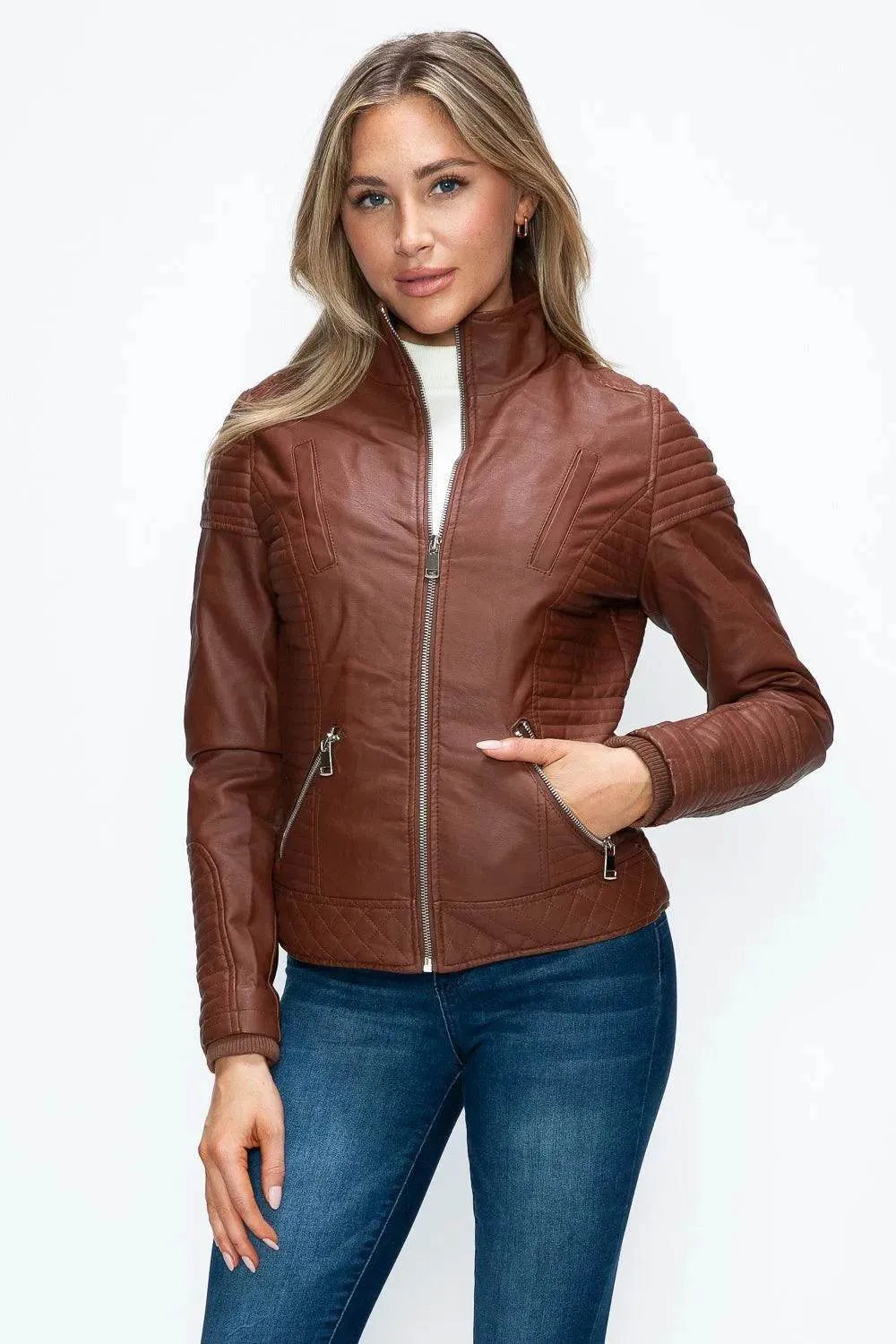 YMI Faux Layered Double-Zipper Jacket with Fuzzy Hood - Bona Fide Fashion