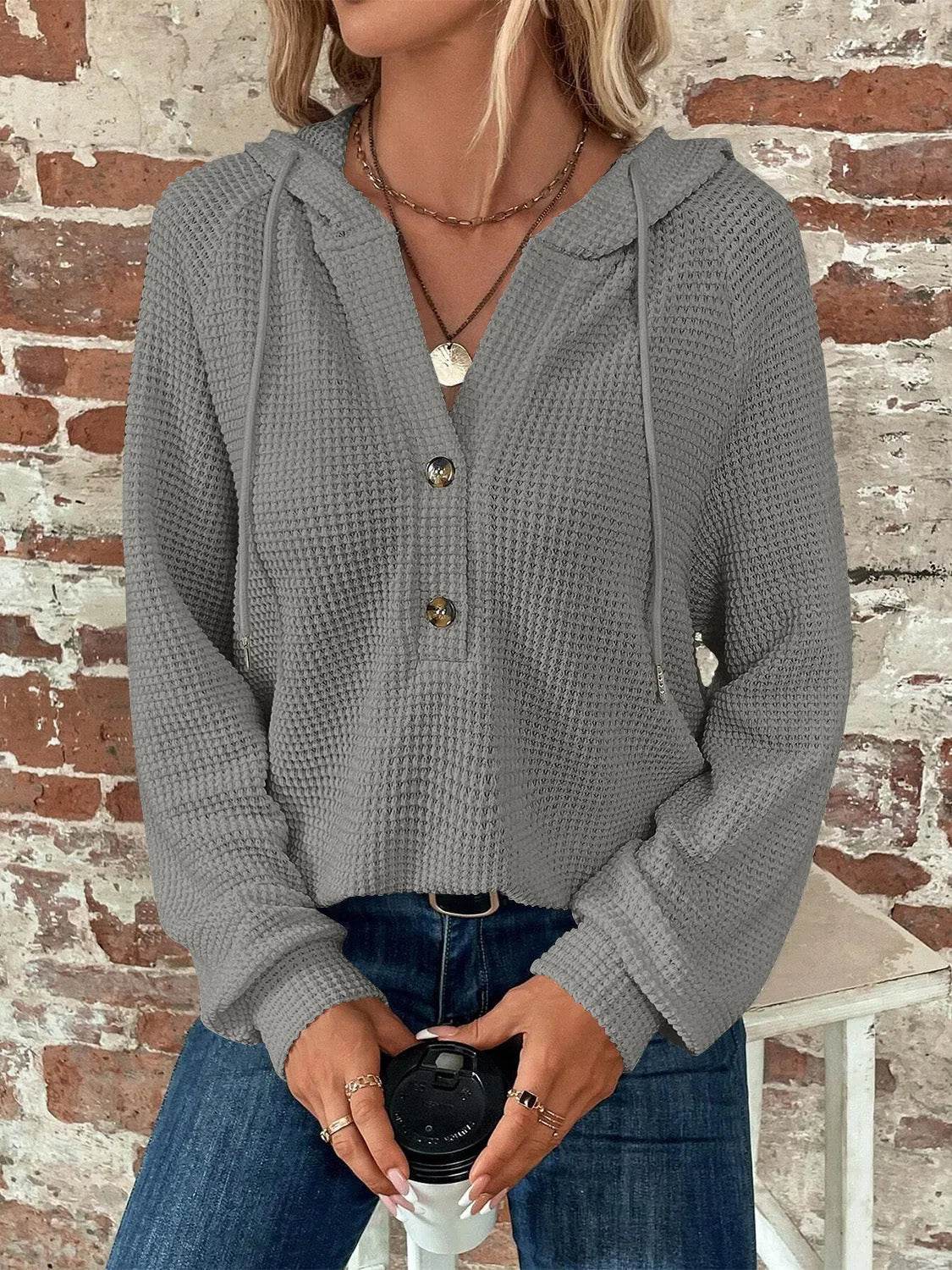 Waffle Knit Long Sleeve Drawstring Hooded Top - Bona Fide Fashion