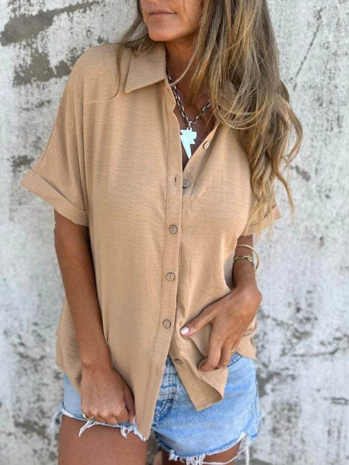 Full Size Button Down Short Sleeve Shirt Plus Size - Bona Fide Fashion