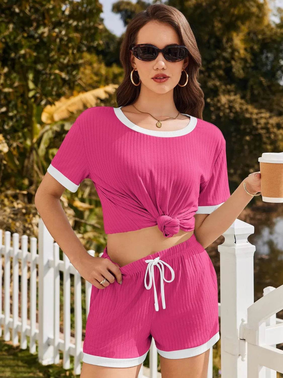 Ribbed Round Neck Top and Shorts Set - Bona Fide Fashion