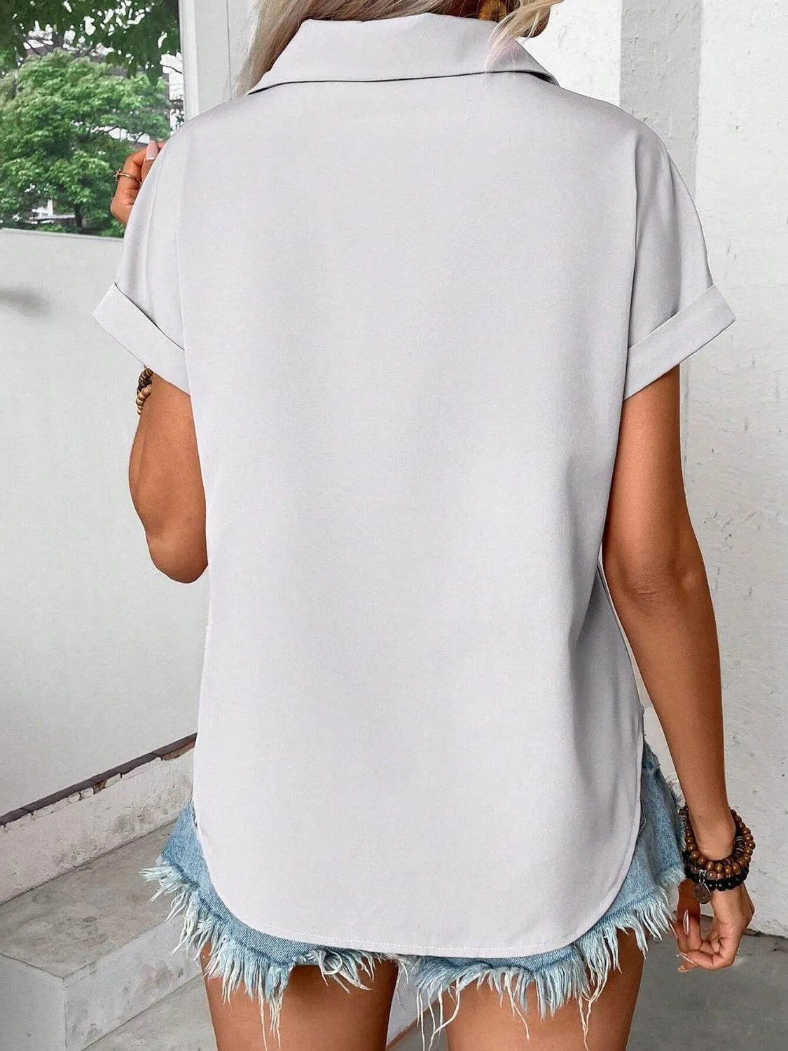 Pleated Detail Collared Neck Short Sleeve Shirt - Bona Fide Fashion