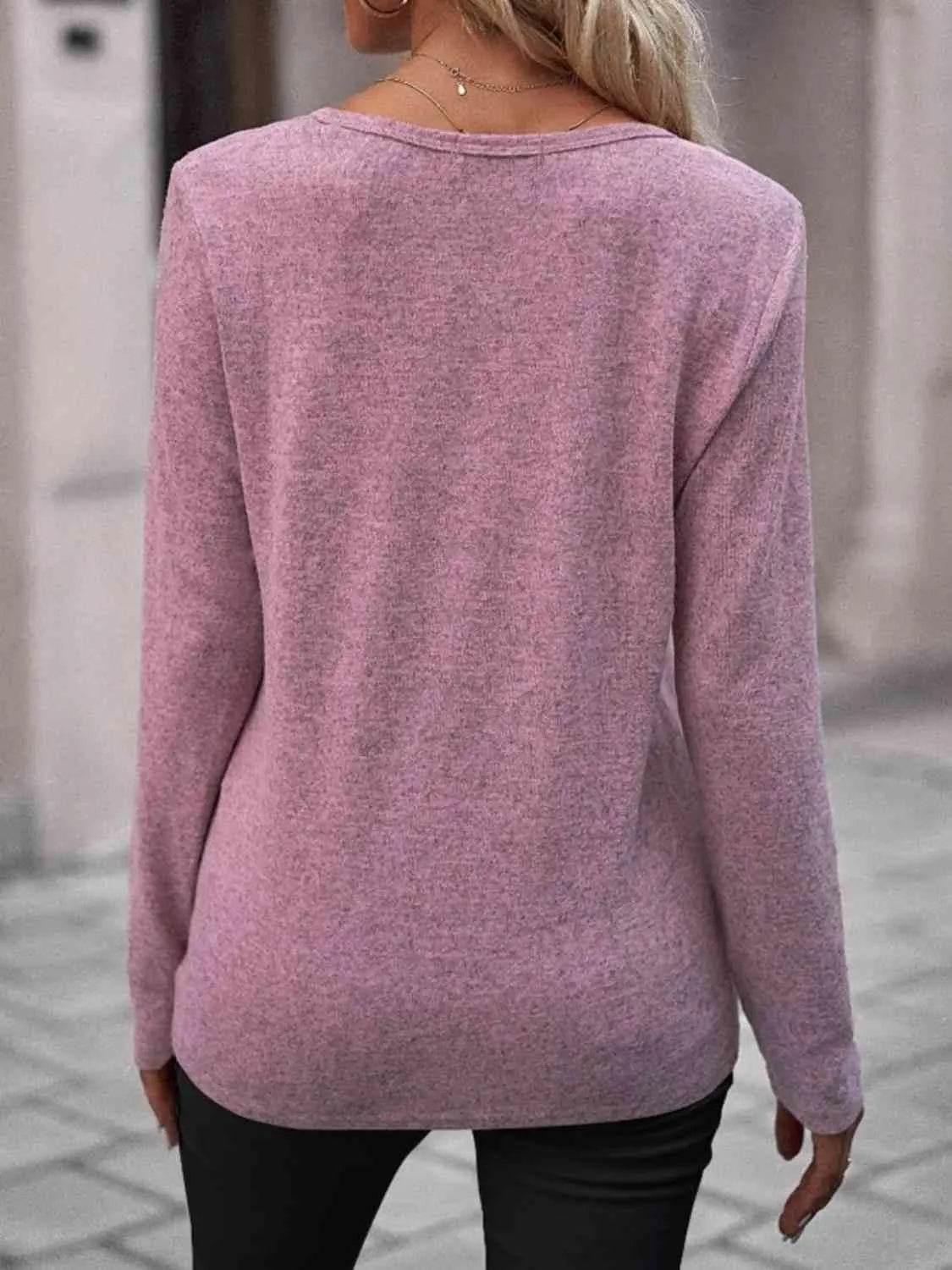 Round Neck Buttoned Long Sleeve T-Shirt - Bona Fide Fashion