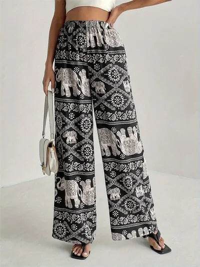 Printed Wide Leg Elastic Waist Pants - Bona Fide Fashion