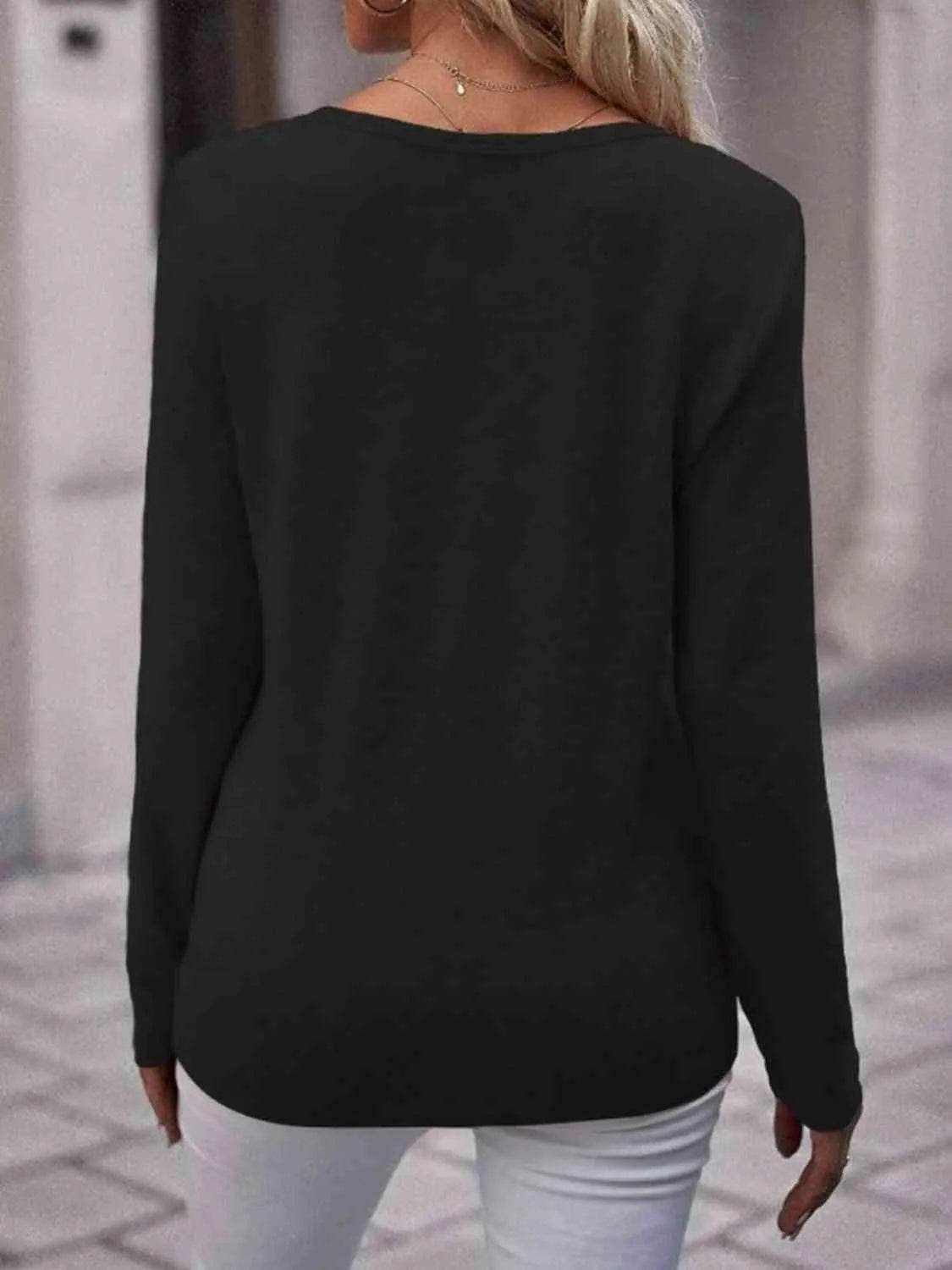 Round Neck Buttoned Long Sleeve T-Shirt - Bona Fide Fashion