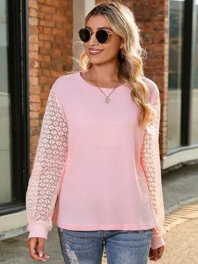 Full Size Round Neck Lace Long Sleeve T-Shirt Plus Size - Bona Fide Fashion