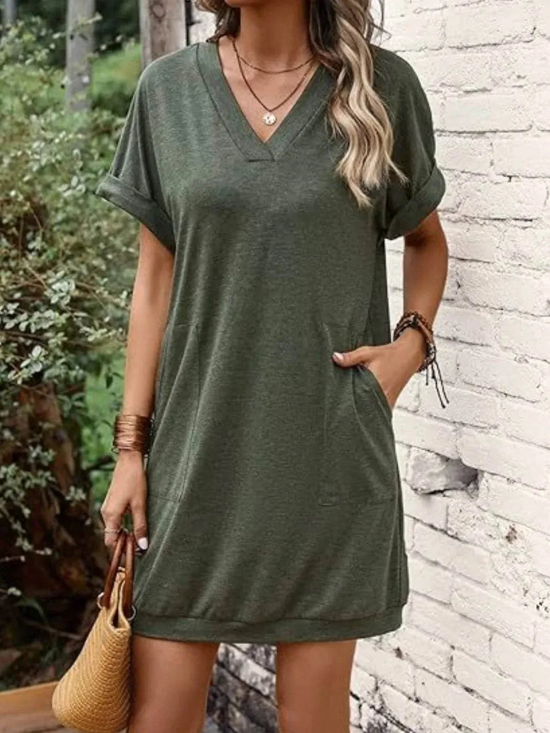 V-Neck Short Sleeve Mini Tee Dress - Bona Fide Fashion
