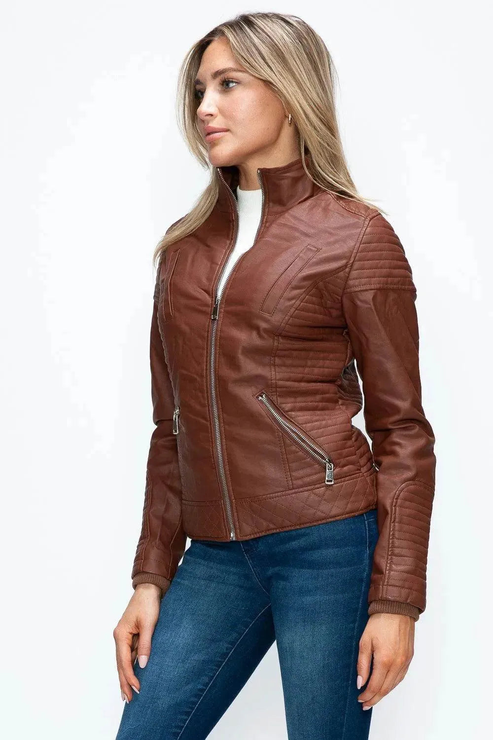 YMI Faux Layered Double-Zipper Jacket with Fuzzy Hood - Bona Fide Fashion