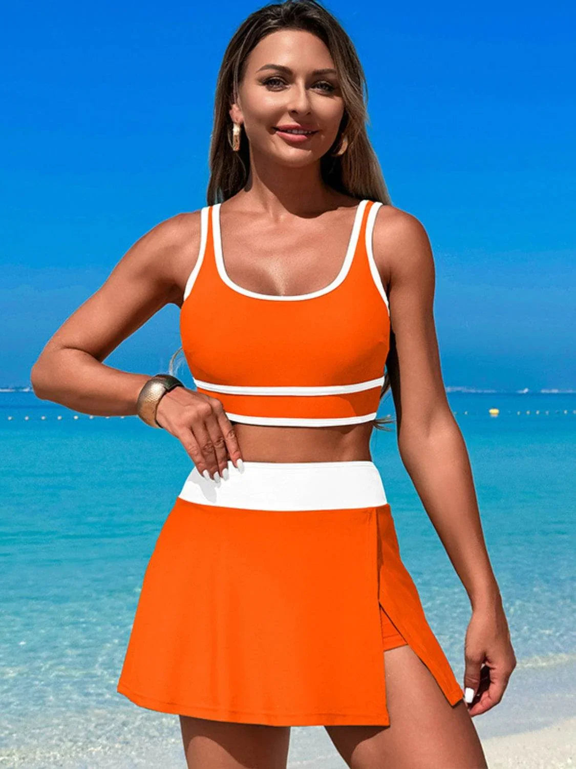 Scoop Neck Top and Skort Swim Set - Bona Fide Fashion