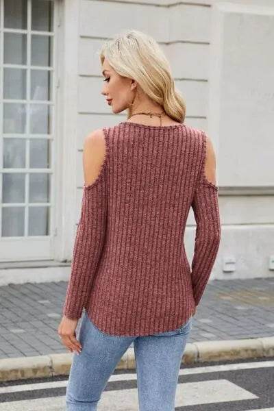 Ribbed Cold Shoulder Long Sleeve Top - Bona Fide Fashion