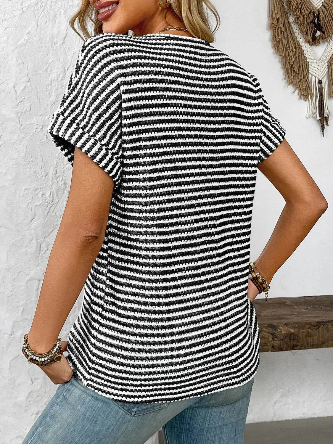 Striped Notched Short Sleeve T-Shirt - Bona Fide Fashion