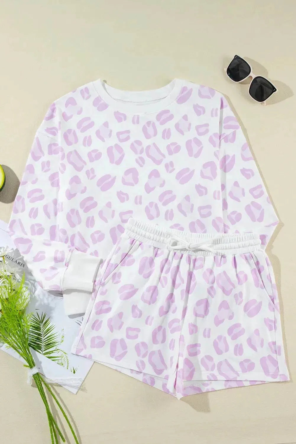 Leopard Long Sleeve and Drawstring Shorts Lounge Set - Bona Fide Fashion