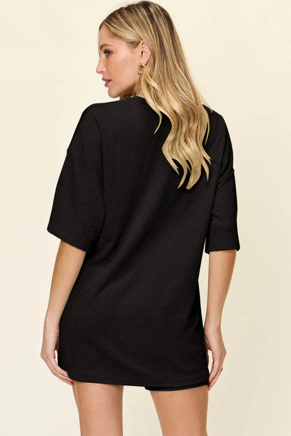 Double Take Full Size Texture Round Neck Drop Shoulder T-Shirt and Shorts Set - Bona Fide Fashion