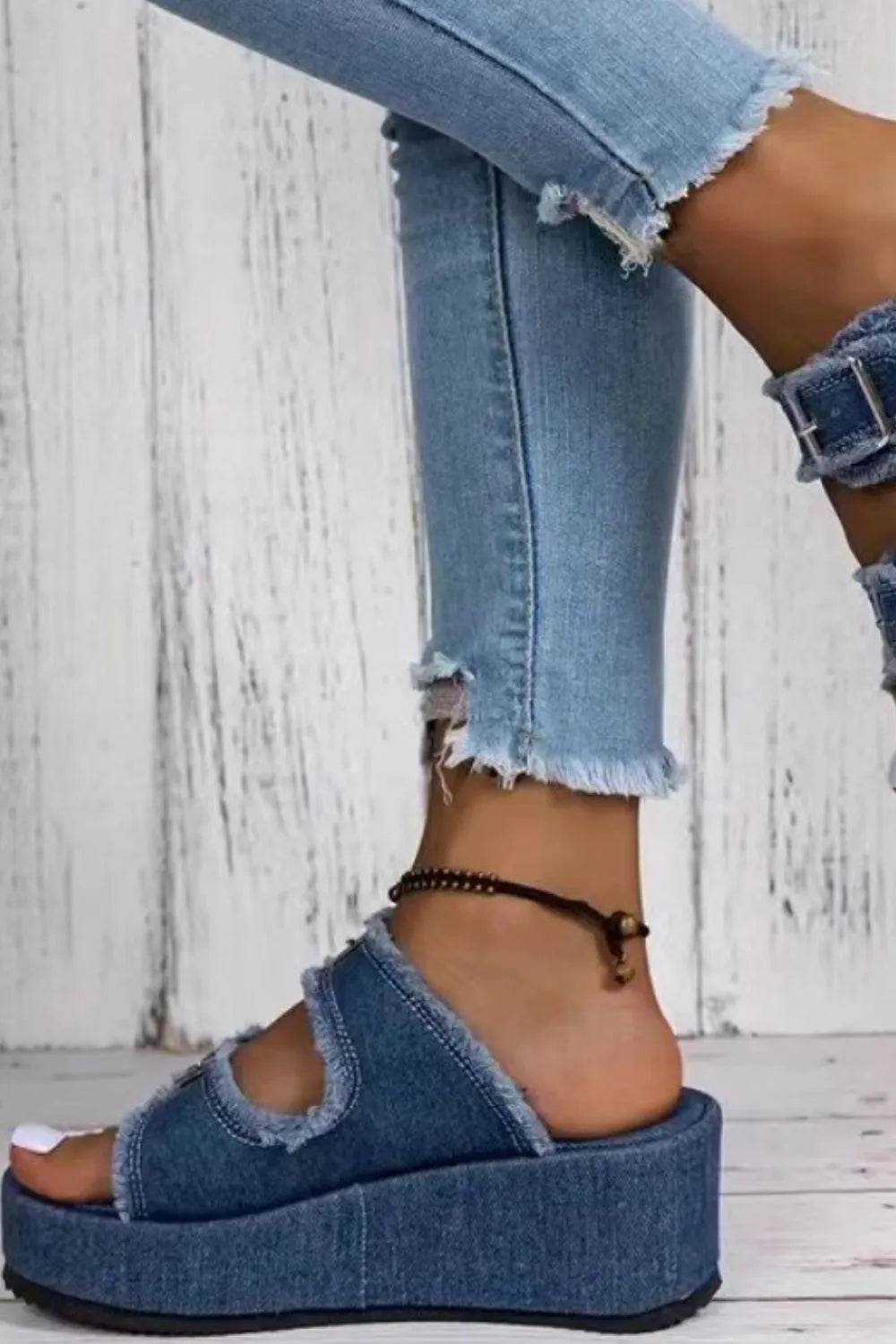 Raw Hem Wedge Buckle Sandals - Bona Fide Fashion