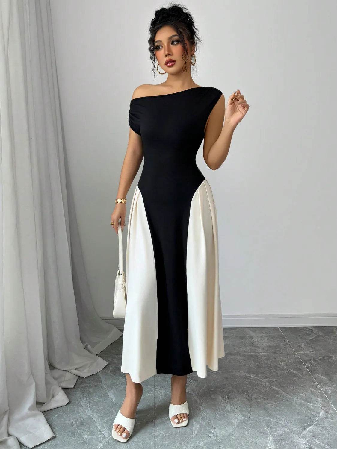 Contrast Single Shoulder Midi Dress - Bona Fide Fashion