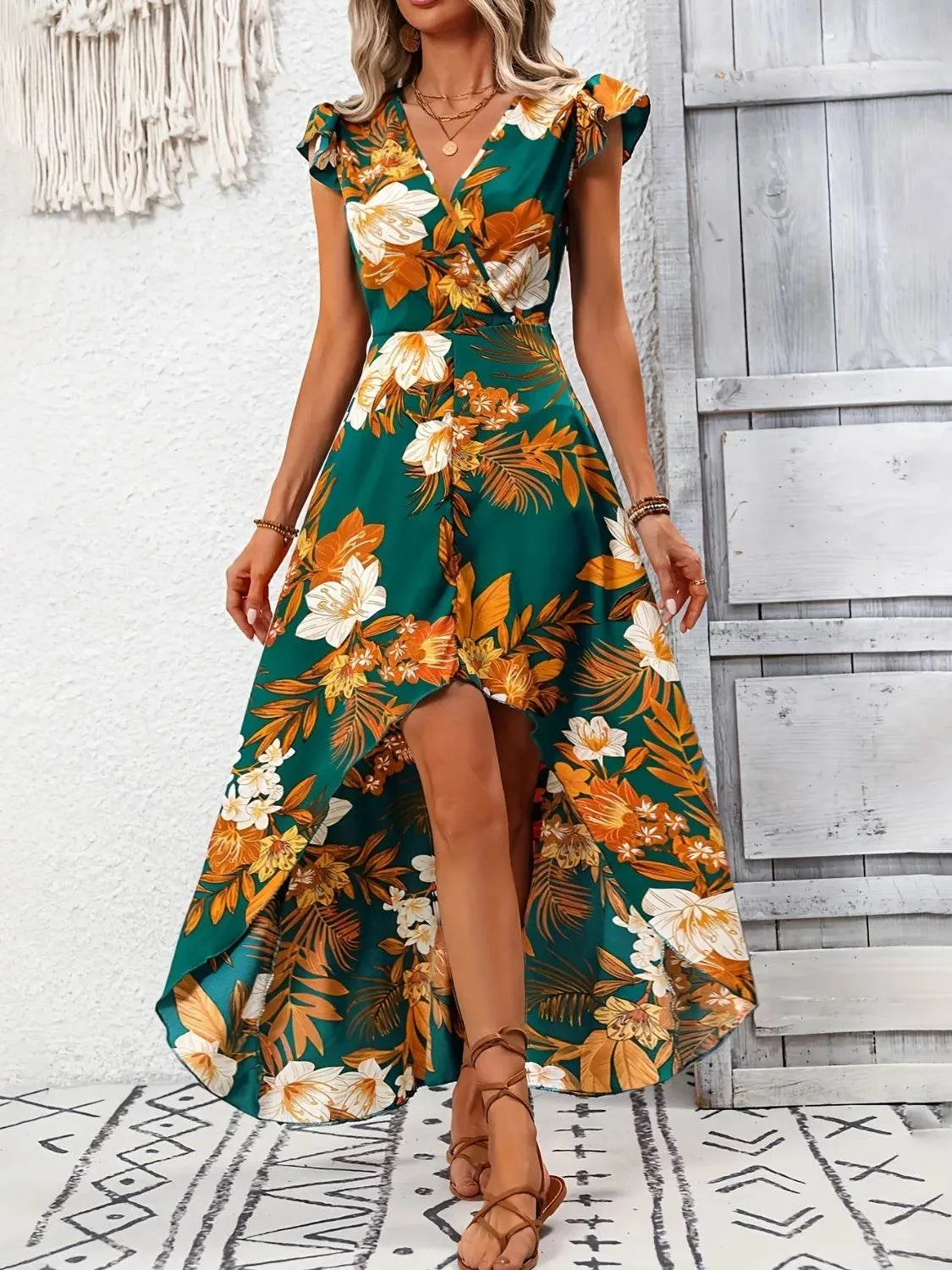 High-Low Printed Cap Sleeve Maxi Dress - Bona Fide Fashion