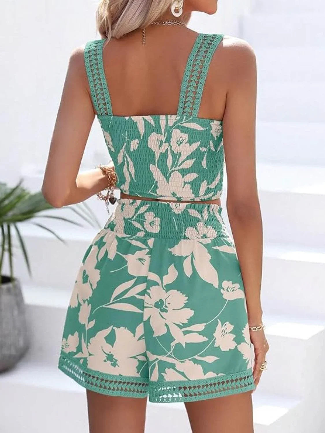 Smocked Printed Square Neck Top and Shorts Set - Bona Fide Fashion