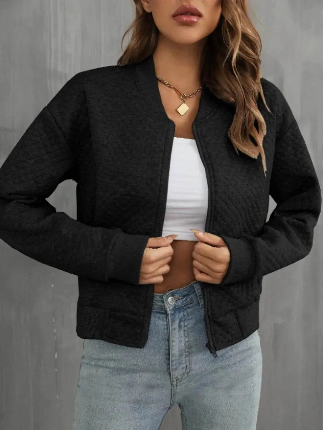 Zip Up Long Sleeve Jacket - Bona Fide Fashion