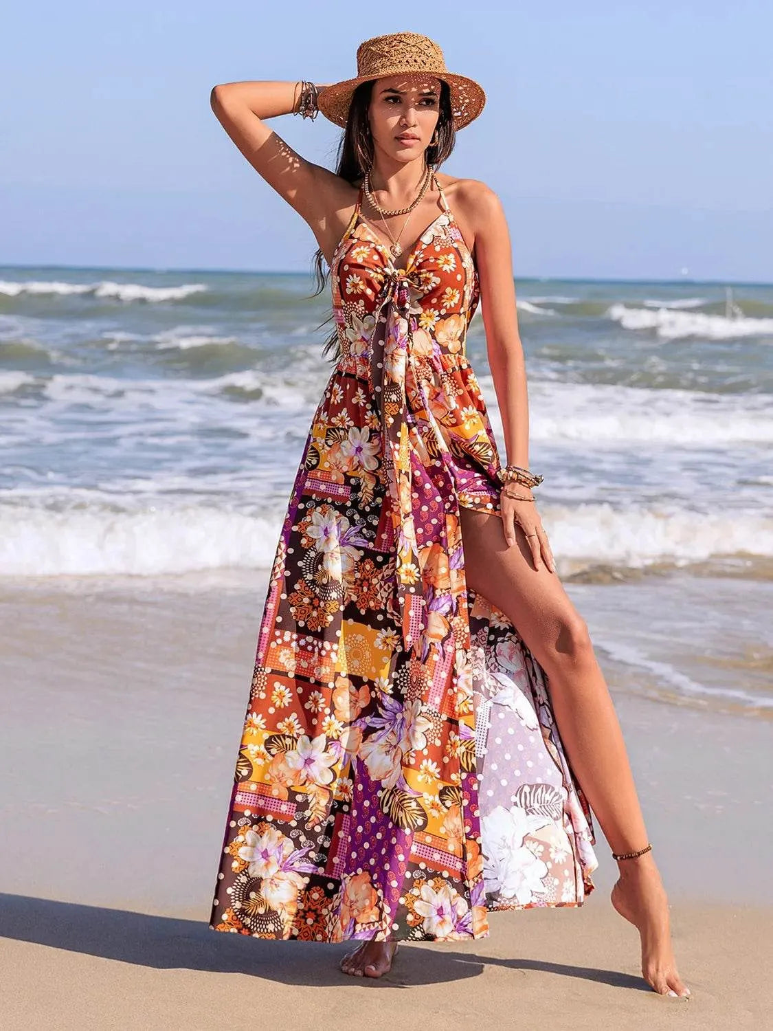 Slit Printed Halter Neck Cami Dress - Bona Fide Fashion