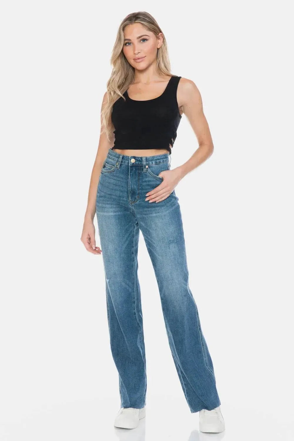 Judy Blue Full Size Tummy Control Cut Raw Hem Straight Jeans - Bona Fide Fashion